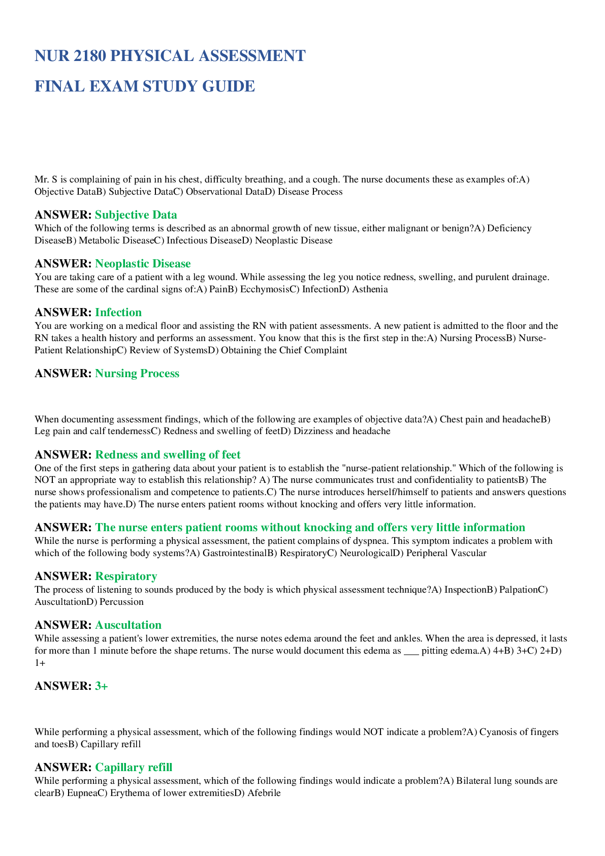 Preview image for NUR 2180 PHYSICAL ASSESSMENT  FINAL EXAM STUDY GUIDE RASMUSSEN UNIVERSITY